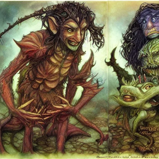 Prompt: fantasy illustrations and concept art for jim henson's labyrinth goblins by brian froud