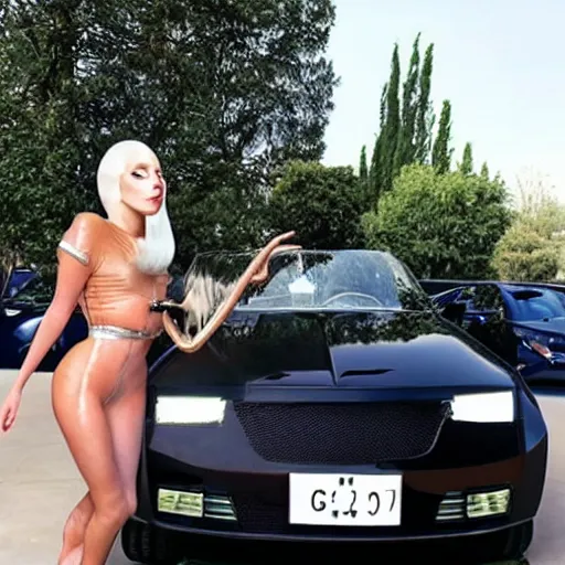Prompt: an incredible short lady gaga next to a massive car