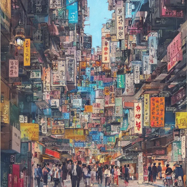 Image similar to a beautiful painting of hong kong street scene, in the style of hayao miyazaki