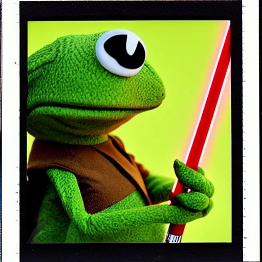 Image similar to Kermit the frog in Star Wars movie, dressed as a Jedi, with green lightsaber, polaroid photo, instax, white frame, by Warhol,