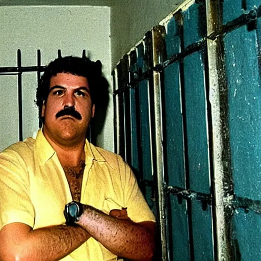 Image similar to Pablo Escobar sitting in expensive and decorated prison cell