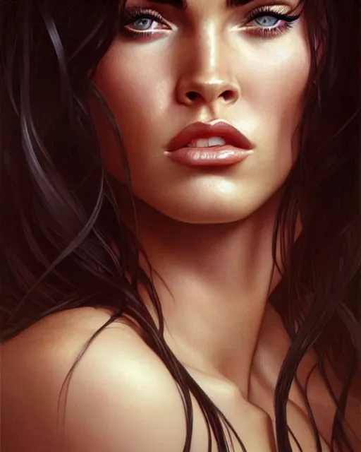 Prompt: portrait of megan fox with sultry face expression, intricate, headshot, highly detailed, digital painting, artstation, concept art, sharp focus, cinematic lighting, illustration, art by artgerm and greg rutkowski, alphonse mucha, cgsociety