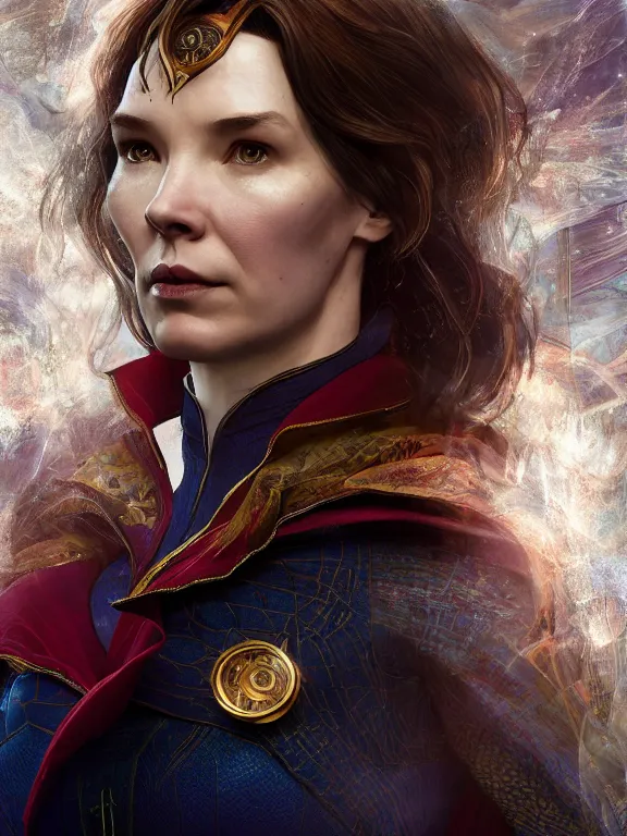 Prompt: female doctor strange, au naturel, hyper detailed, digital art, trending in artstation, cinematic lighting, studio quality, smooth render, unreal engine 5 rendered, octane rendered, art style by klimt and nixeu and ian sprigger and wlop and krenz cushart