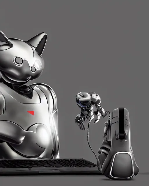 Image similar to a metallic robotic cyborg cat eating a computer mouse, cyberpunk, digital art, 8 k, trending on artstation