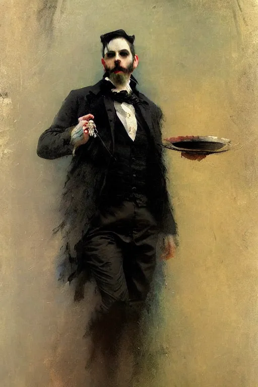 Prompt: impressionist brushstrokes!!!! beeple and richard schmid and jeremy lipking victorian loose genre loose painting full length portrait painting of a victorian male vampire