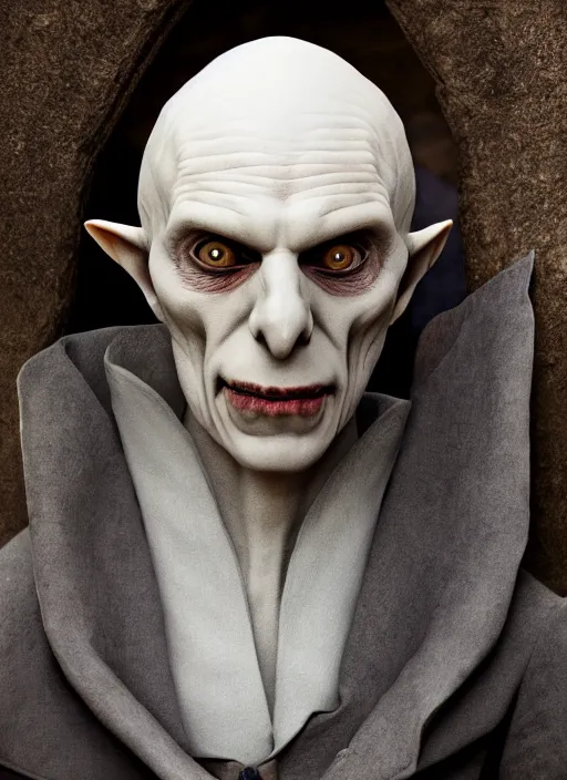 Prompt: closeup portrait of nosferatu in the cloisters, depth of field, zeiss lens, detailed, symmetrical, centered, fashion photoshoot, by Annie Leibovitz and Steve McCurry, David Lazar, Jimmy Nelsson, Breathtaking, 8k resolution, extremely detailed, beautiful, establishing shot, artistic, hyperrealistic, beautiful face, octane render