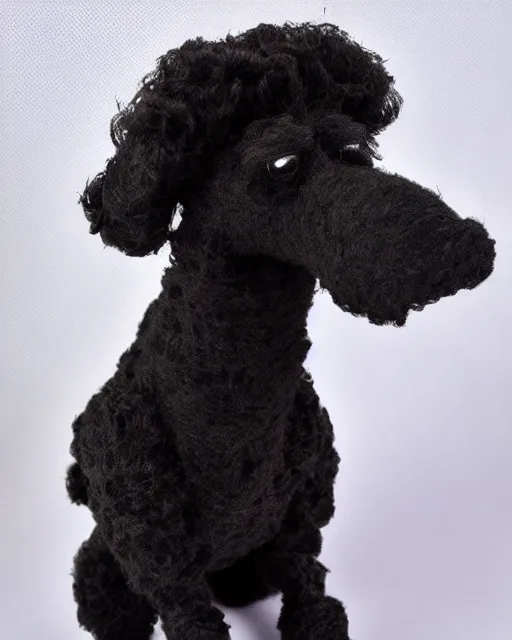 Image similar to a black poodle dog as a muppet. highly detailed felt. hyper real photo. 4 k.
