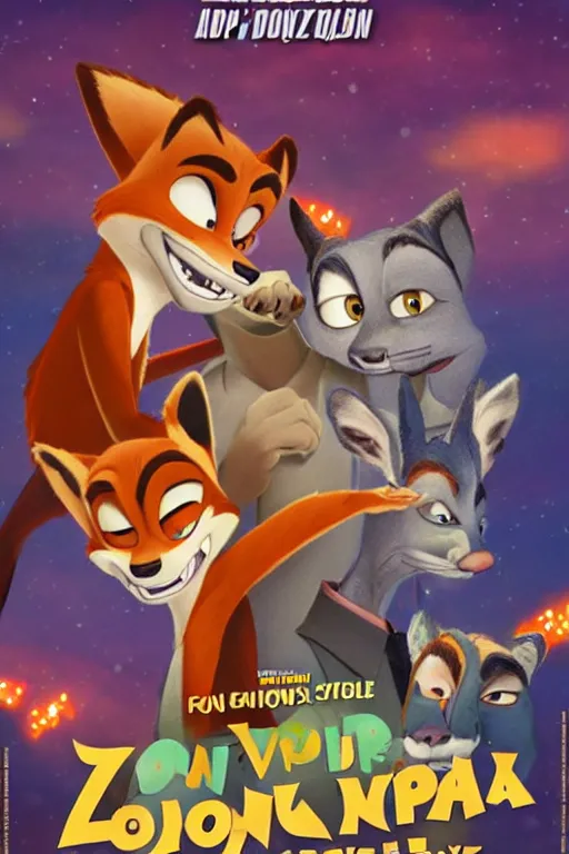 Image similar to nick wilde from zootopia fox furry anthro on a movie poster cover in the style of famous artist don bluth