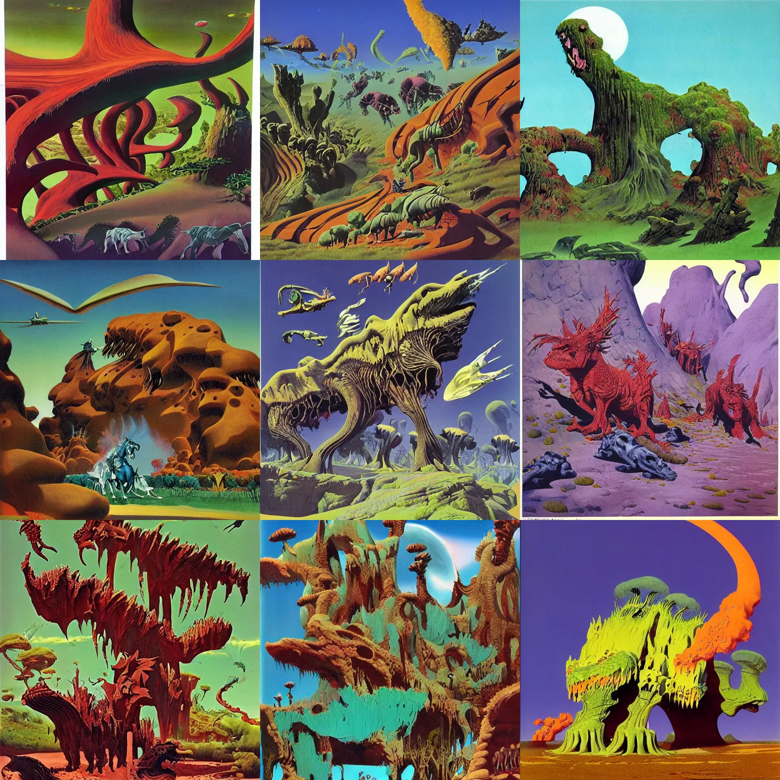Prompt: art by roger dean. horton on a rampage stampede