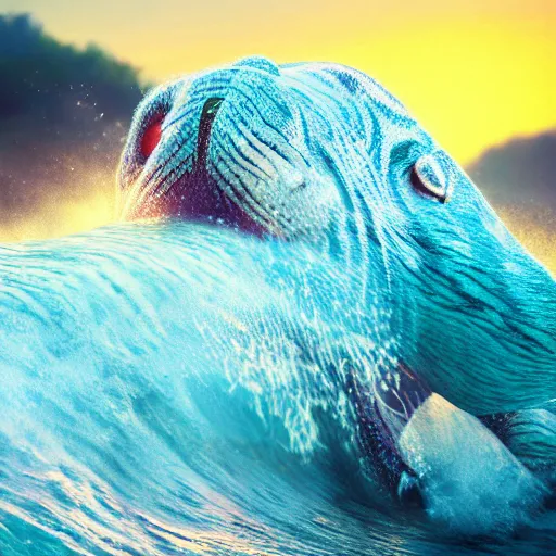 Image similar to a closeup photorealistic photograph of a cute smiling knitted tiger hippopotamus riding an epic wave at sunset. surf in the background. professional capture. brightly lit scene. this 4 k hd image is trending on artstation, featured on behance, well - rendered, extra crisp, features intricate detail, epic composition and the style of unreal engine.