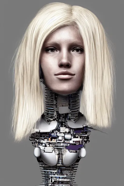 Image similar to robot with human face, female head, full body angle, woman human face, human face realistic, beautiful blonde hair, human head, human head with blonde hair, blonde hair human head, blonde hair, human realistic face, human head skin, cyborg frame concept, cyborg by ales-kotnik, sci-fi android female, the body is made of wires, robotic body, cyborg body, cyborg bust body, robot body cyborg, full body