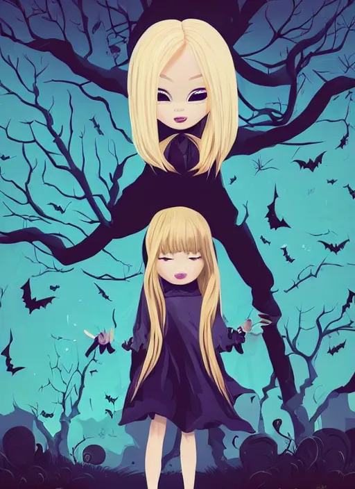 Prompt: little girl with long blonde hair. spooky halloween card. clean cel shaded vector art. shutterstock. behance hd by lois van baarle, artgerm, helen huang, by makoto shinkai and ilya kuvshinov, rossdraws, illustration, art by ilya kuvshinov