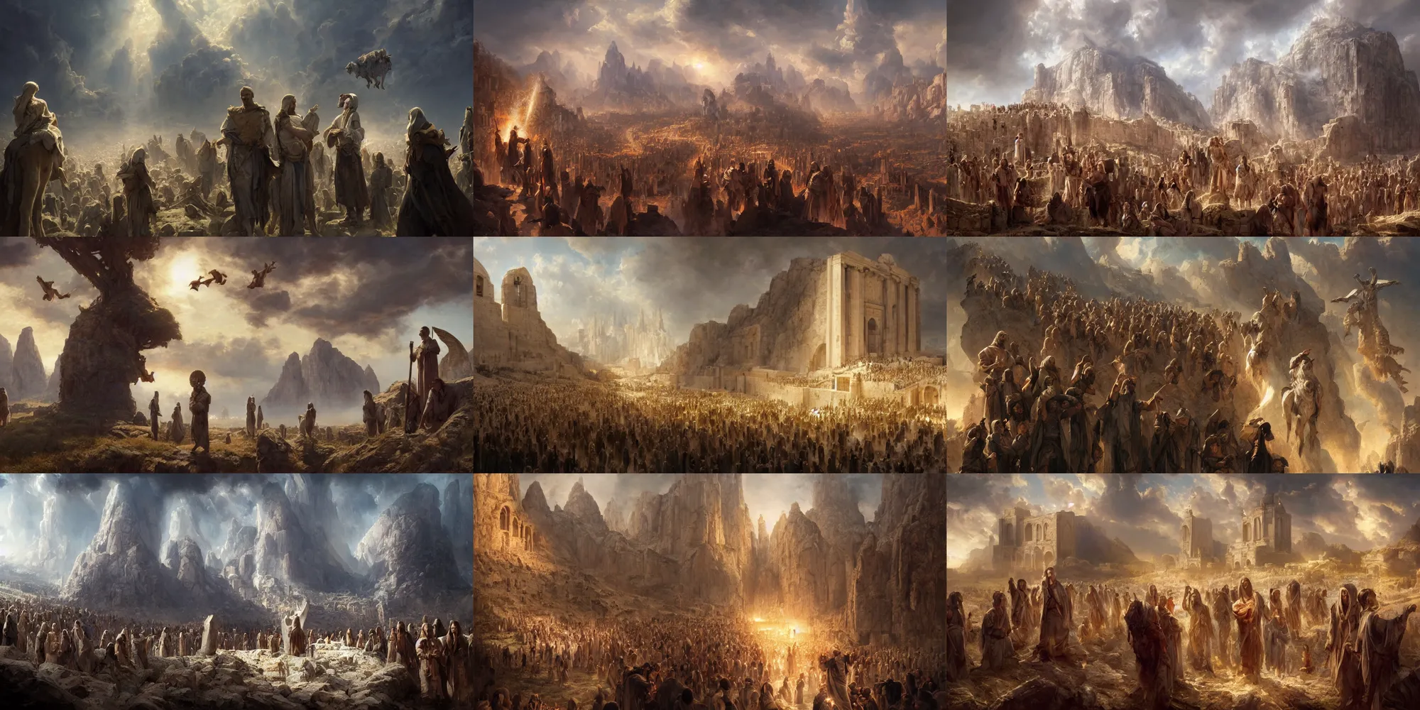 Prompt: John sees the Lamb and the 144,000 victorious saints standing on Mt. Zion, and three angels flying in heaven and proclaiming warning messages, a matte masterpiece by Raymond Swanland and Greg Rutkowski