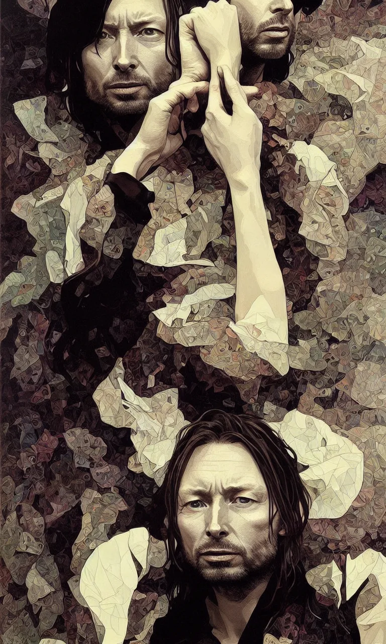 Image similar to hyper realistic portrait of thom yorke singer songwriter by lee bermejo, alphonse mucha and greg rutkowski