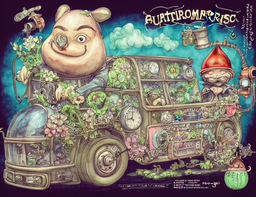 Image similar to cute and funny, a garden gnome driving a steampunk bus, ratfink style by ed roth, centered award winning watercolor pen illustration, isometric illustration by chihiro iwasaki, edited by range murata, tiny details by artgerm and watercolor girl, sharply focused