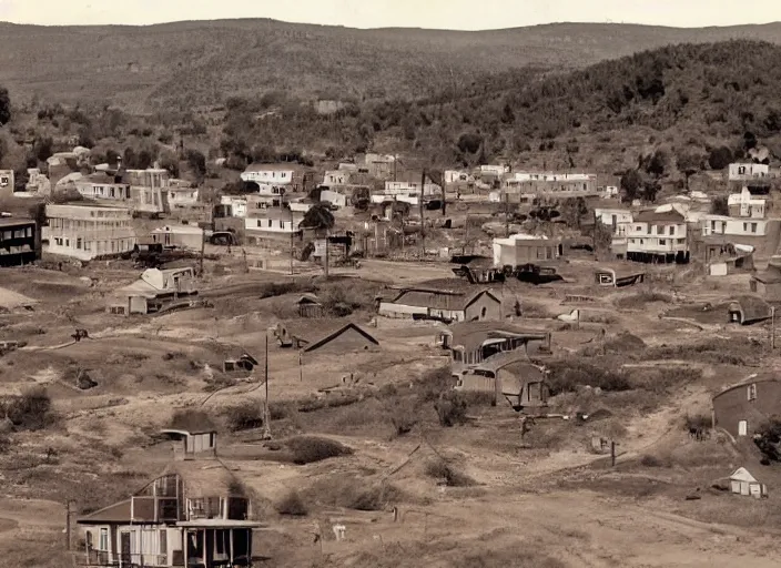 Prompt: realistic photo of a town, settlement, buildings, detailed scenery, 1960s time period