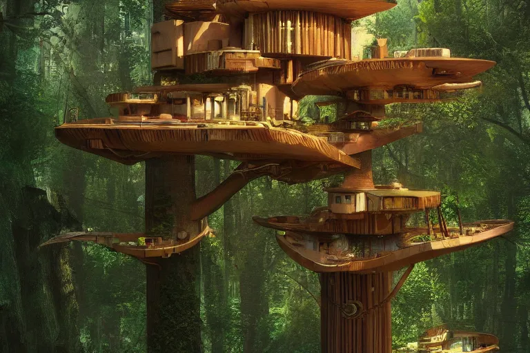 Image similar to solarpunk treehouse by frank lloyd wright, still from a movie, cyberpunk tree house, photo art, artgerm, trending on artstation