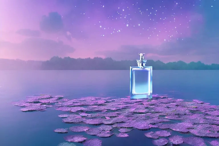 Prompt: perfume bottle standing on lilipads in a cool blue frosted pond, dramatic, mid day, lilac aurora borealis background, soft lilac skies, large scale, hyperrealistic, lots of detail, realistic lighting, octane render, by wlop, artgerm, trending on artstation