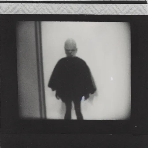 Image similar to creepy Polaroid photo of a cursed TV playing Candle Cove, 90s, black and white, dark room