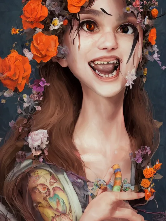 Image similar to Full shot of a cute mischievous young witch about to get up to some trouble with her snek familiar. Latin American fashion. Floral patterns. Black and Orange palette. Danger noodle. Magic Snake. Latina girl. brown skin. defined facial features, symmetrical facial features. Smiling. By Ruan Jia and Artgerm and Range Murata and WLOP and Ross Tran and William-Adolphe Bouguereau. Key Art. Fantasy Illustration. award winning, Artstation, intricate details, realistic, Hyperdetailed, 8k resolution.