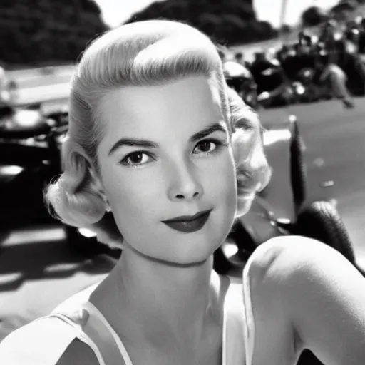 Image similar to selfie smartphone photo of a young Grace Kelly at the 2022 Monaco Gran Prix, F1 cars blurred in background, iphone photo, smartphone resolution, low resolution camera