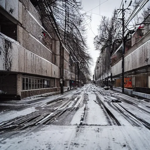 Prompt: the nuclear chaos in the snowy empty streets of ukraine, nature taking over, brutalist, tilt shift, 8k, award winning photography