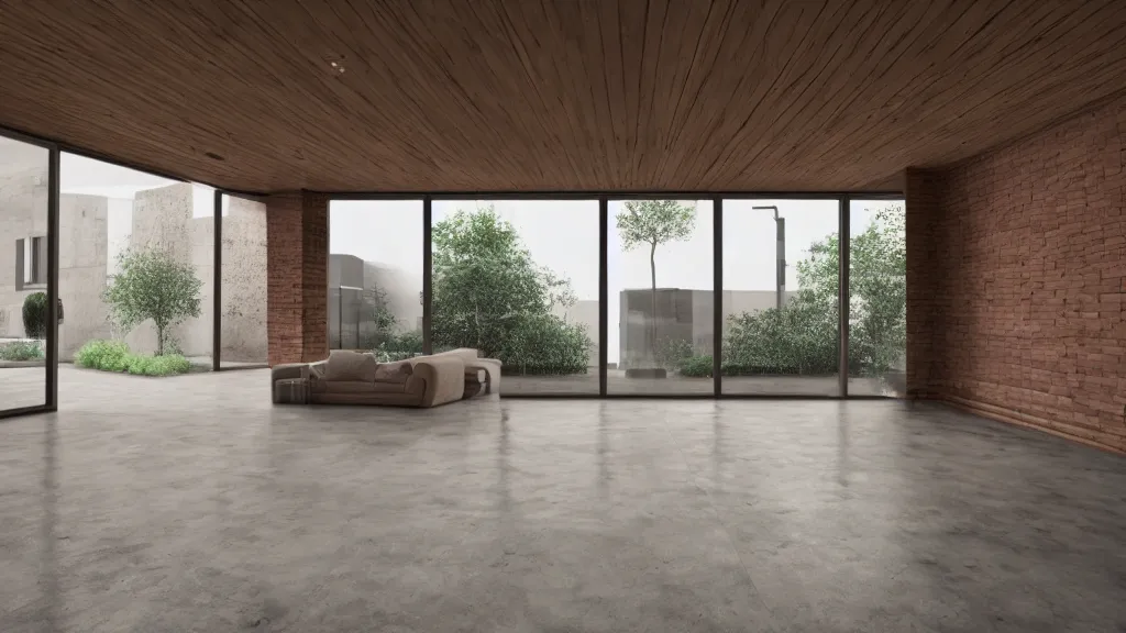 Image similar to hyper realistic one point perspective of living room, wood, concret, brick