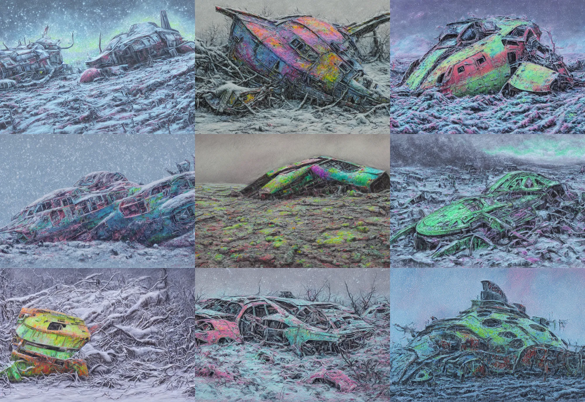 Prompt: detailed pastel painting of a crashed colorful alien scout ship covered in snow in a extremely muddy swamp, dystopian world, 4 k
