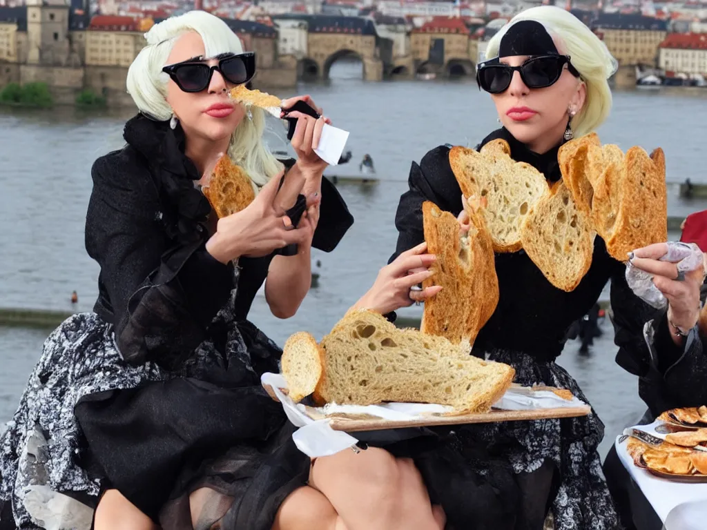 Image similar to Lady Gaga eating bread on Charles Bridge