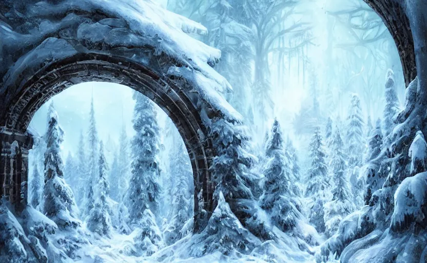 Prompt: a snowy landscape, sparse fir trees, scattered broken ancient ruin structures, giant archways, fantasy digital painting, stunning, intricate details, artwork by ross tran and artgerm