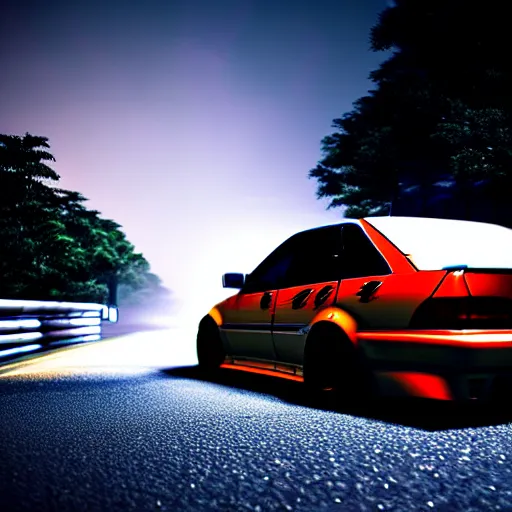 Image similar to a car JZX90 twin turbo drift spec in middle of road, Saitama prefecture, city midnight mist lights, cinematic lighting, photorealistic, highly detailed wheels, high detail