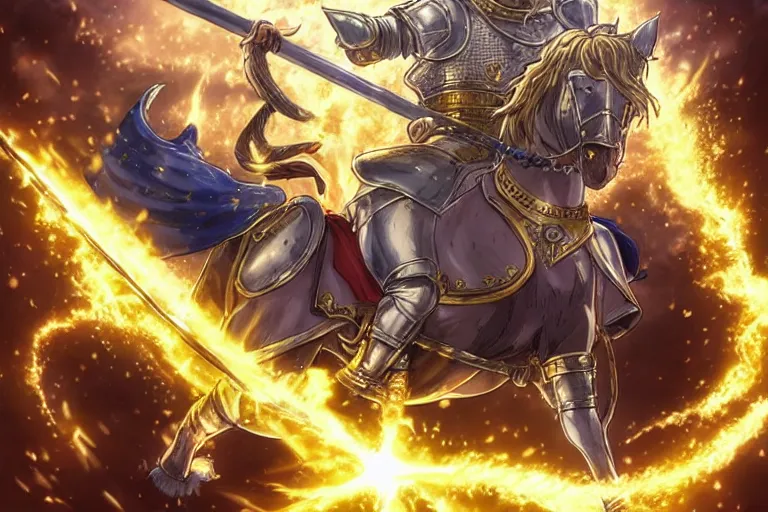 Image similar to an ultra detailed portrait of king richard the lionhearted as a shonen anime protagonist charing into battle wearing bright gold armor and riding a horse bless by god, 8 k, volumetric lighting, art by kentaro miura and akira toriyama