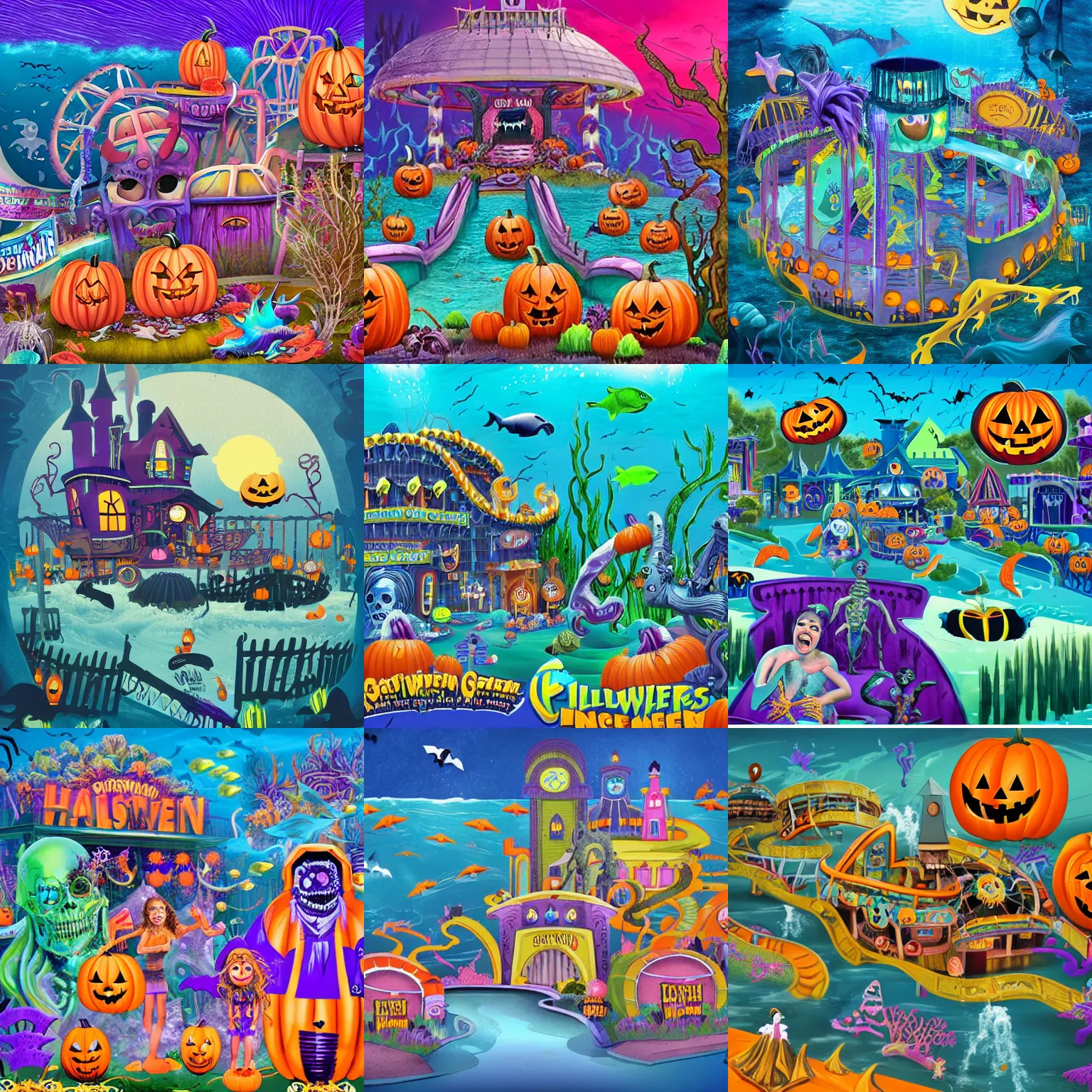 Prompt: a horror based underwater suburban amusement park that incorporates halloween and ocean elements in its design imagery and features attractions as well as houses, halloween decorations, atlantis, amusement park, spooky, amusement park attractions, deep sea, horror themed, fun, in the style of stephen silver and harper groff and genndy tartakovsky