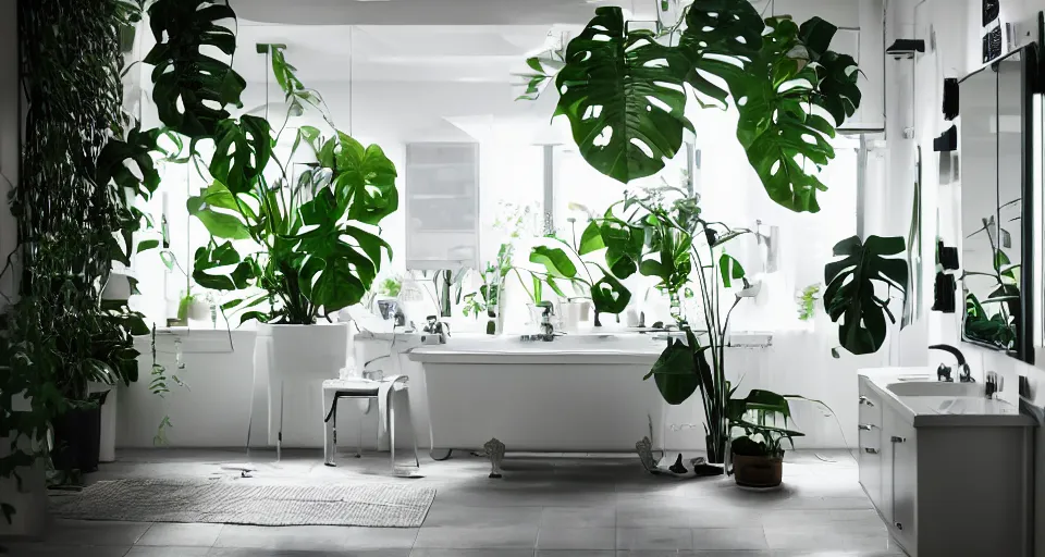 Image similar to IKEA catalogue photo of a cyberpunk bathroom, mirrors, steamed up, monstera plants, overgrown, vines, by Paul Lehr