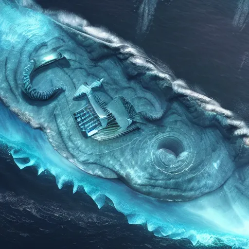 Image similar to top down view of an alien ocean with sea serpent emerging on top of it, detailed, cinematic lighting, storm is happening, unreal engine 4 render, artstaion