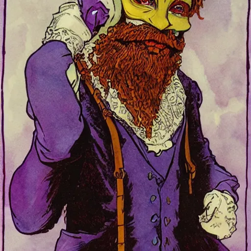 Image similar to a red bearded man wearing a purple luchadore mask and tuxedo, highly detailed, masterpiece, illustrated, art by rebecca guay