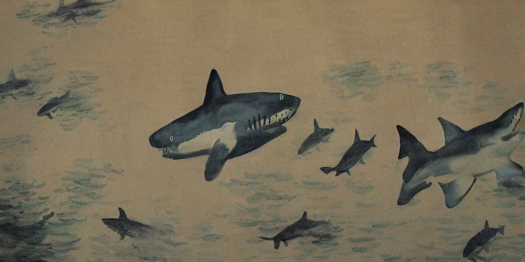 Prompt: a shark with ten heads is painting a chinese painting ， by monet
