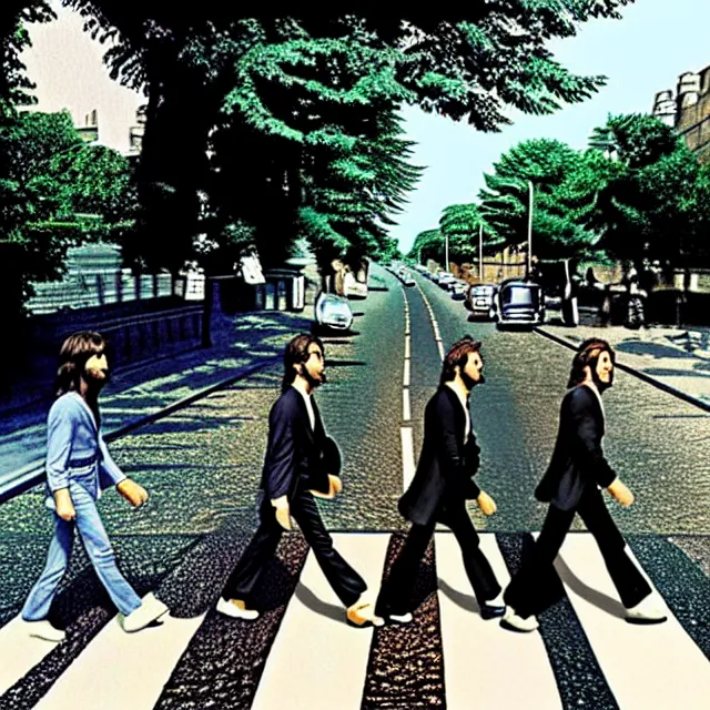 Image similar to the beatles abbey road album cover in the style of google street view