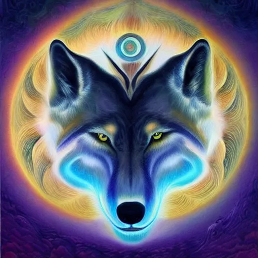 Prompt: spirit wolf by GEOGLYPHIKS by MICHAEL DIVINE and AMANDA SAGE in the style of oil painting visionary art, intricate oil painting artwork. , trending on artstation, very coherent symmetrical artwork, oil painting