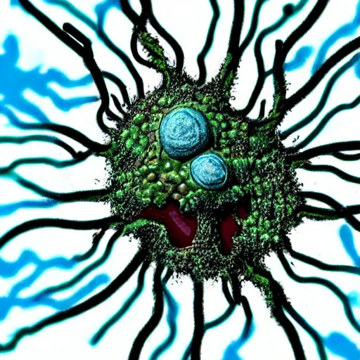 Image similar to pseudomonas aeruginosa, the bacterial god of death and pestilence. flagellated blue green cyan transparent bacterial monster covered in needle cannon type - iii secretion systems injecting toxins into human cells and multi - drug efflux pumps. fantastic detail. close up microscopy. false color. perfect composition.