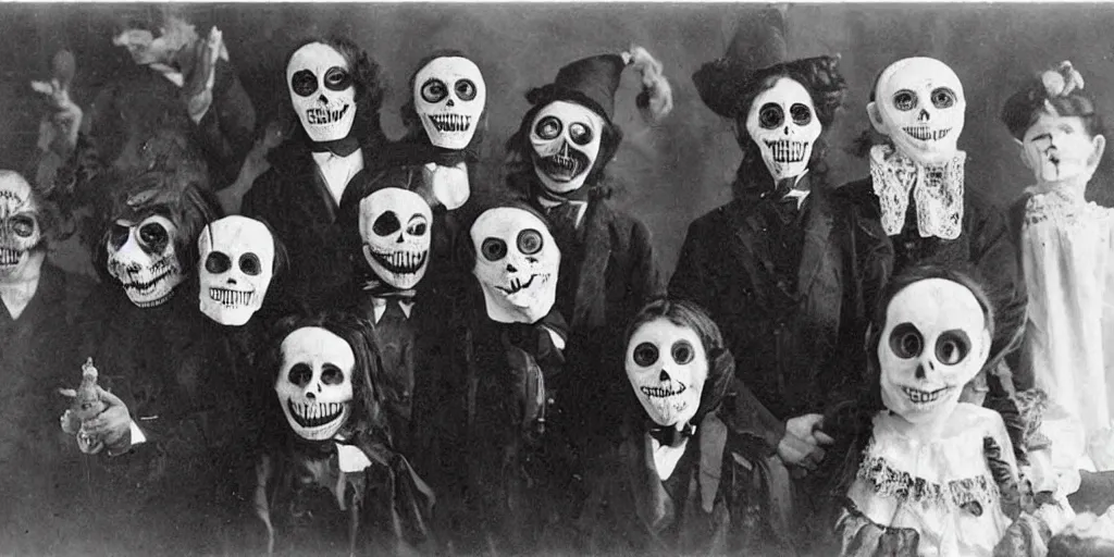 Image similar to victorians wearing vintage scary halloween mask, 1 9 0 0 s picture