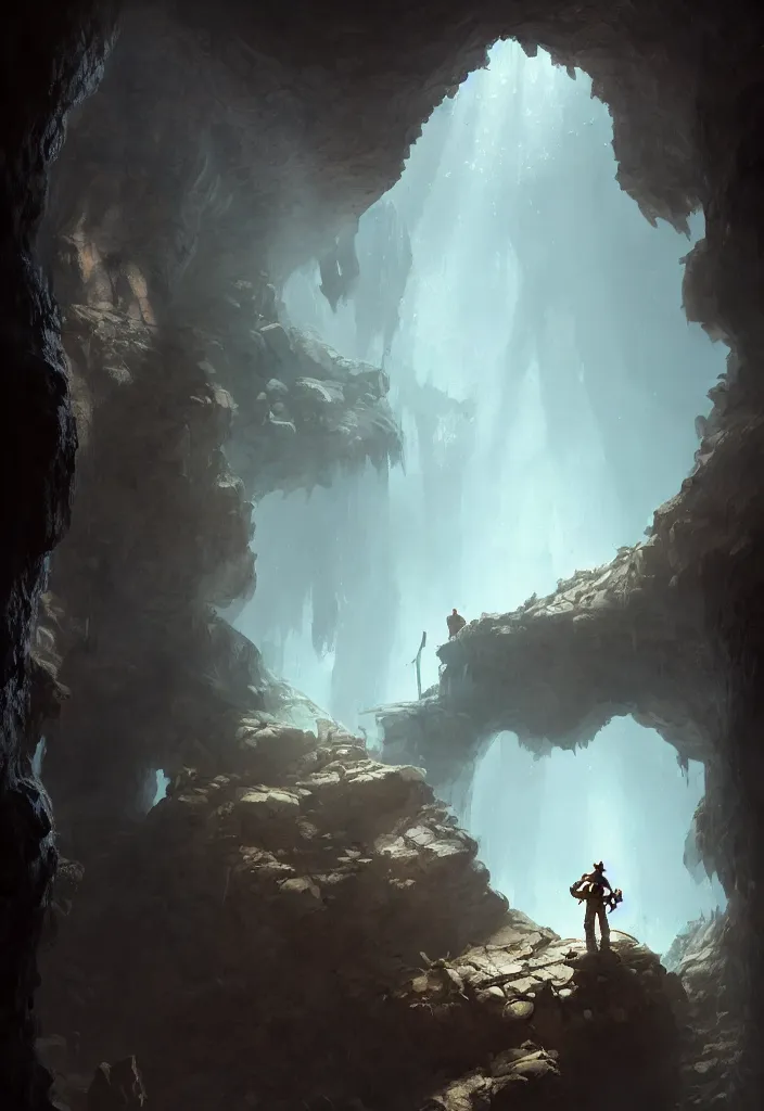 Image similar to a concept art painting of an explorer at the bottom of an ancient well, upward angle, dramatic shadows, a monster crawls on the walls by tuomas korpi, pablo carpio, gilles beloeil, trending on artstation, highly detailed, atmospheric, directional lighting, cinematic