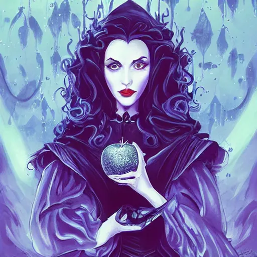 Image similar to evil queen holding up a crystal apple with both hands, wearing a black dress with big collar, a violet magical jungle in the background. in the style of magic the gathering, james jean, ross tran, craig mullins. yennefer vengerberg, magical atmosphere, superdetailed illustration, 3 d art overpain, 8 k