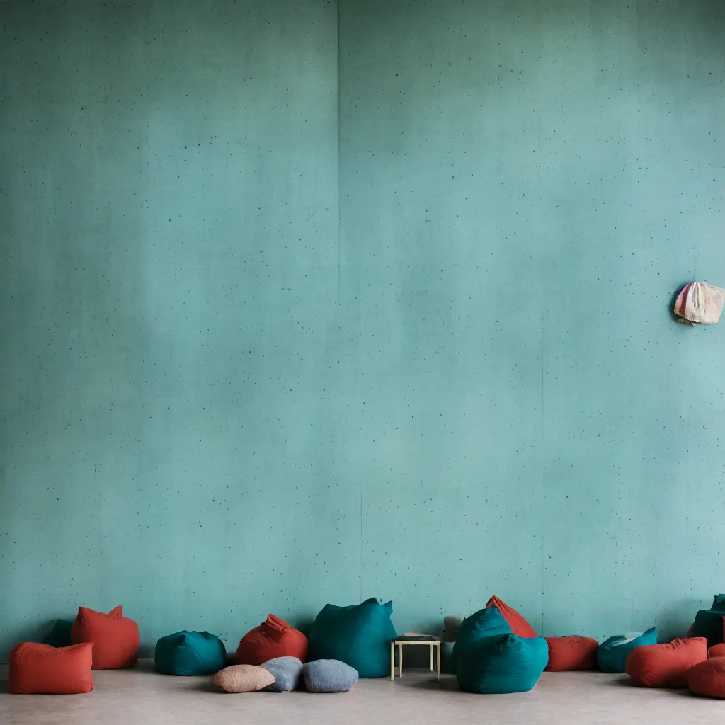 Image similar to kodak portra 4 0 0, 8 k, shot of a highly detailed, britt marling style, colour still - life portrait of a large minimalistic room, rough concrete walls, a single rough carved wooden teal, cannabis store with comfortable beanbags, muted colours