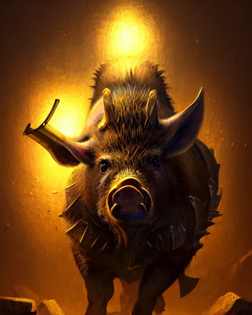 Image similar to Boar Mercenary holding gold bag, medium shot, fear, D&D, artstation, fantasy, magic the gathering artwork, cinematic lighting, centered, symmetrical, highly detailed, digital painting, , concept art, smooth, sharp focus, illustration, volumetric lighting, epic Composition, 8k, art by Akihiko Yoshida and Greg Rutkowski and Craig Mullins, oil painting, cgsociety