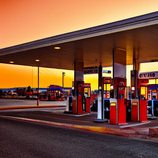 Prompt: A gas station in Nevada, sunset time, realistic photograph, bokeh, taken with a Leica camera, shallow depth of field