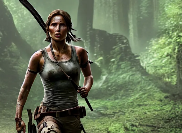 Image similar to film still of!!!! daisy edgar - jones!!! as lara croft in new tomb raider movie, 8 k