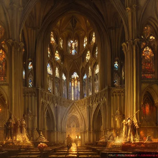Prompt: inside a giant medieval cathedral, ornate and intricate details. highly detailed painting by gaston bussiere, craig mullins, j. c. leyendecker 8 k