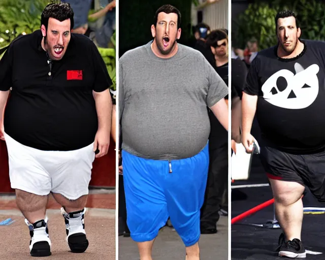 Prompt: fat gamer adam sandler wearing gamer shorts. surrounded by goth vampire shartys