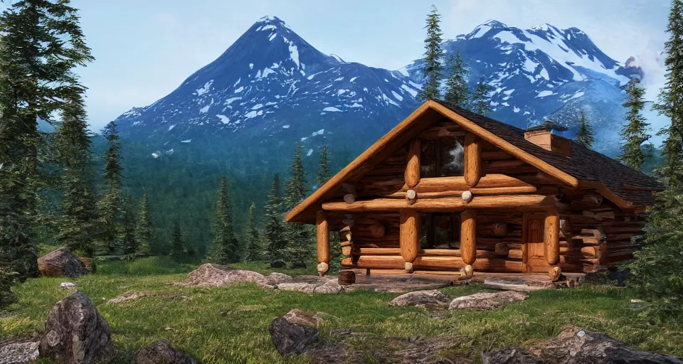 Image similar to an outside look of a log and stone cabin in a taiga with a view of two mountains with a valley in-between, 8k, cinematic, hyper-detailed, imax quality